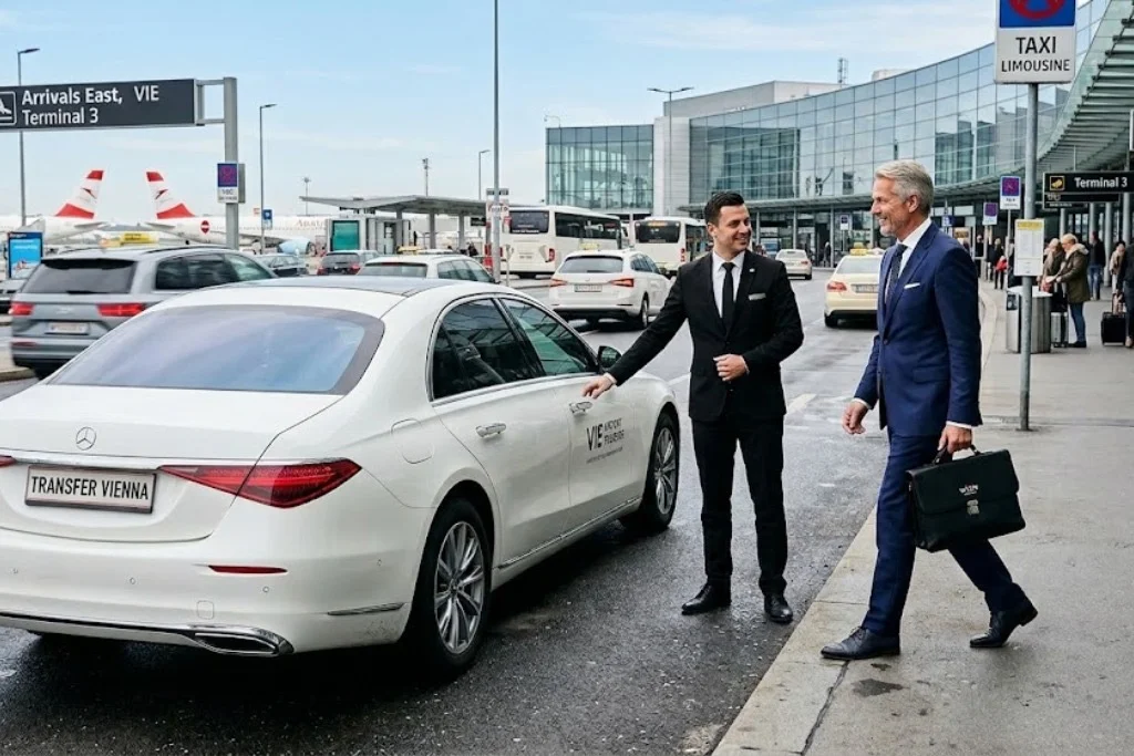 Chauffeur opens the door Mercedes Limousine at Vienna Airport 